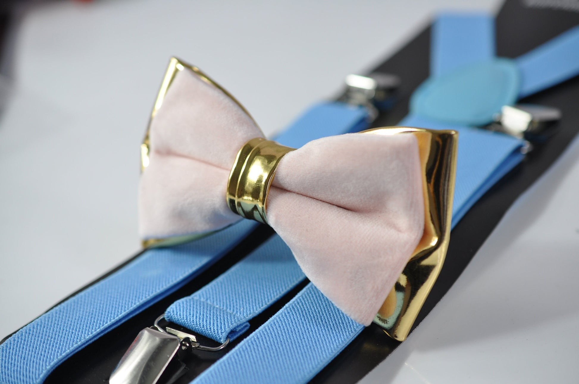 Baby Pink Velvet Gold Faux leather Bow tie + Blue Elastic Suspenders braces for Adult Men / Youth Teenage / Boy Kids / Baby Infant Toddler