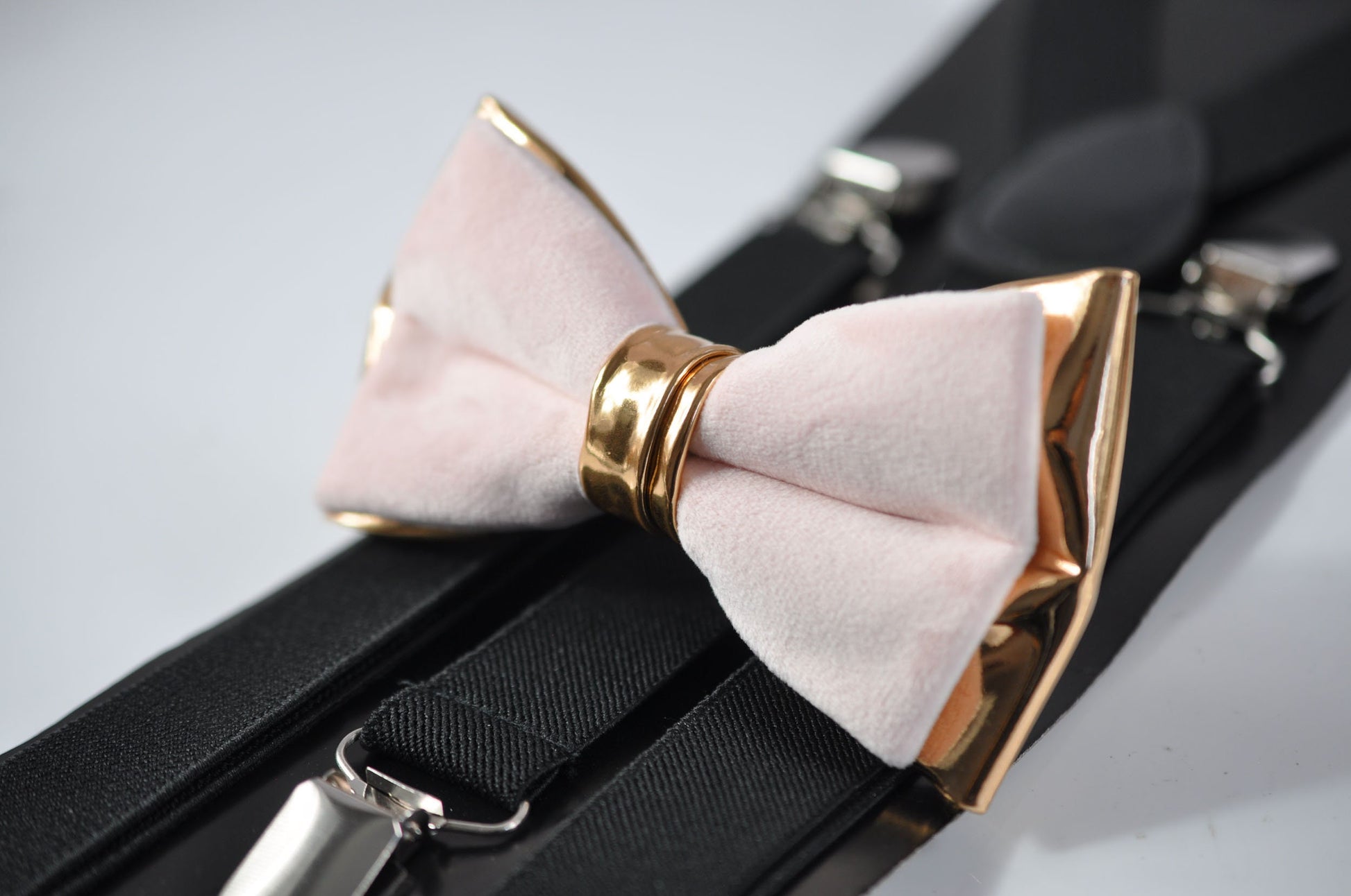 Baby Pink Velvet Rose Gold Faux leather Bow tie + Black Elastic Suspenders braces for Adult Men / Youth Teenage / Boy Kids / Baby Infant