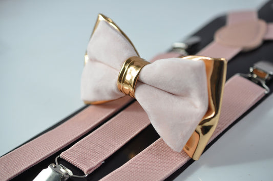 Baby Pink Velvet Rose Gold Faux leather Bow tie + Dusty Pink Elastic Suspenders braces for Men / Youth Teenage / Boy Kids / Baby Infant
