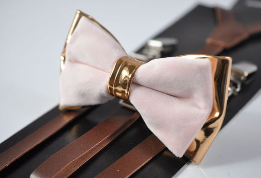 Baby Pink Velvet Rose Gold Faux leather Bow tie + Brown Faux Leather Suspenders braces for Men / Youth Teenage / Boy Kids / Baby Infant