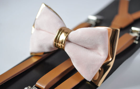 Baby Pink Velvet Rose Gold Golden Faux Leather Bow tie + Tan Brown Faux Leather Suspenders Braces for Youth Teenage / Boy Kids / Baby Infant