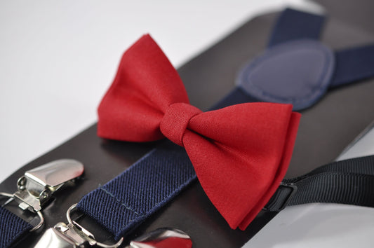 Red Cotton Bow tie Bowtie + Navy Blue Elastic suspenders Braces for Men Adult / Youth Teenage / Boy Kids / Baby Infant Toddler