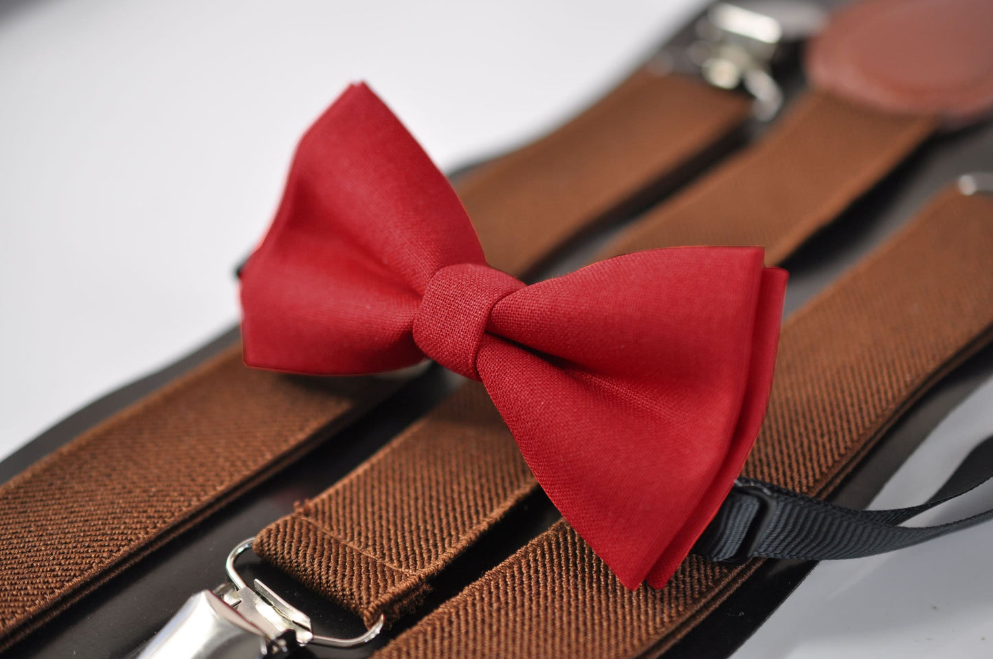 Red Cotton Bow tie Bowtie + Brown Elastic suspenders Braces for Men Adult / Youth Teenage / Boy Kids / Baby Infant Toddler