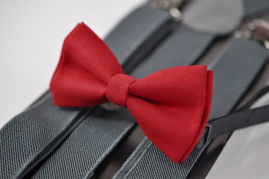 Red Cotton Bow tie Bowtie + Grey Gray Elastic suspenders Braces for Men Adult / Youth Teenage / Boy Kids / Baby Infant Toddler
