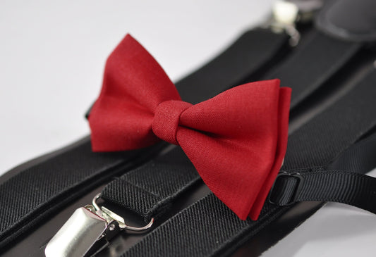 Red Solid Cotton Bow tie Bowtie + Black Elastic suspenders braces for Men Adult / Youth Teenage / Boy Kids / Baby Infant Toddler