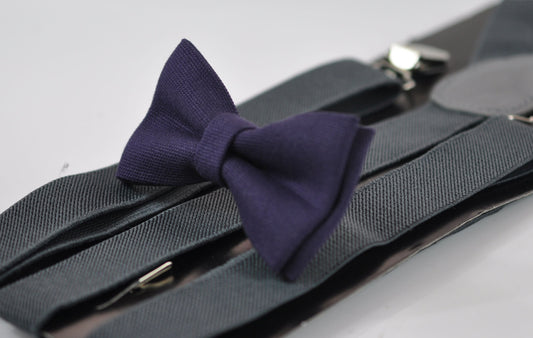 Dark Purple Plum Grape Purple Bow tie + Dark Grey Gray Elastic Suspenders Braces for Men Adult / Youth Teenage / Boy Kids / Toddler Baby