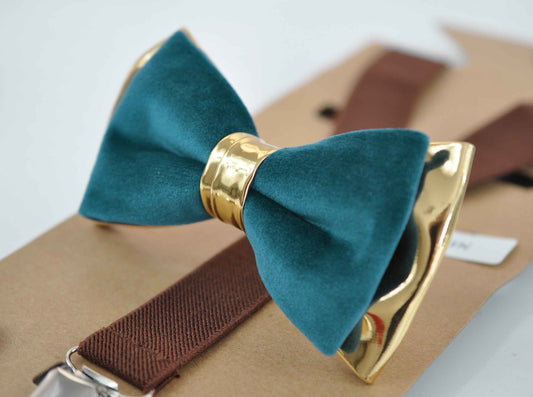 Dark Turquoise Teal Blue Velvet Gold Faux Leather Bow tie + Brown Elastic Suspenders Braces For Men Adults / Youth Teenage / Boy Kids / Baby