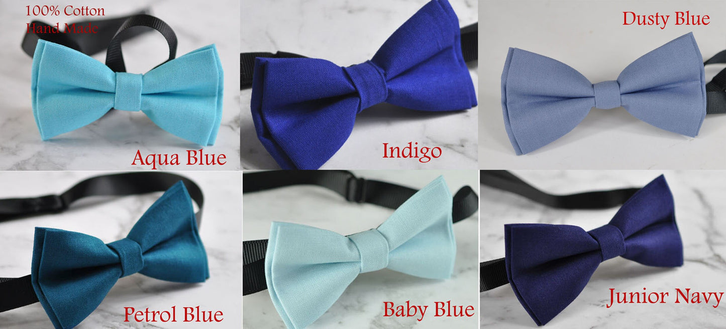 Baby Blue Aqua Blue Navy Petrol Indigo Royal Blue Hand Made 100% Cotton Pretied bow tie,for Men,Toddlers ,Boys,baby Wedding Party