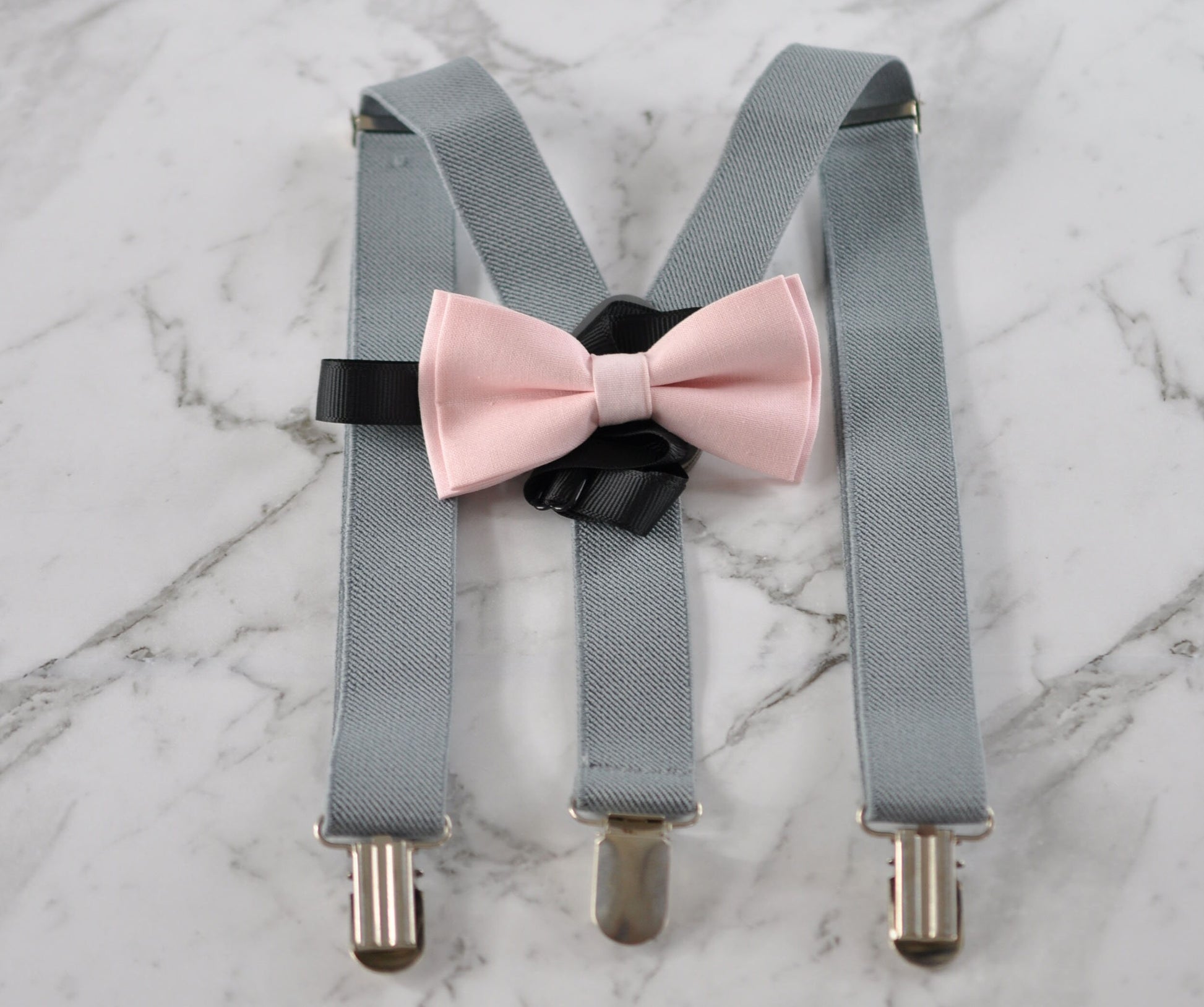 Grey Clip-on Braces Elastic Suspenders + 100% Cotton Pink Bowtie Bow Ties Cravat For Baby Infant / Toddler BOY KIDS/ Youth Teenage/ Adult