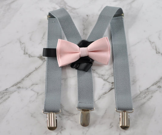 Grey Clip-on Braces Elastic Suspenders + 100% Cotton Pink Bowtie Bow Ties Cravat For Baby Infant / Toddler BOY KIDS/ Youth Teenage/ Adult