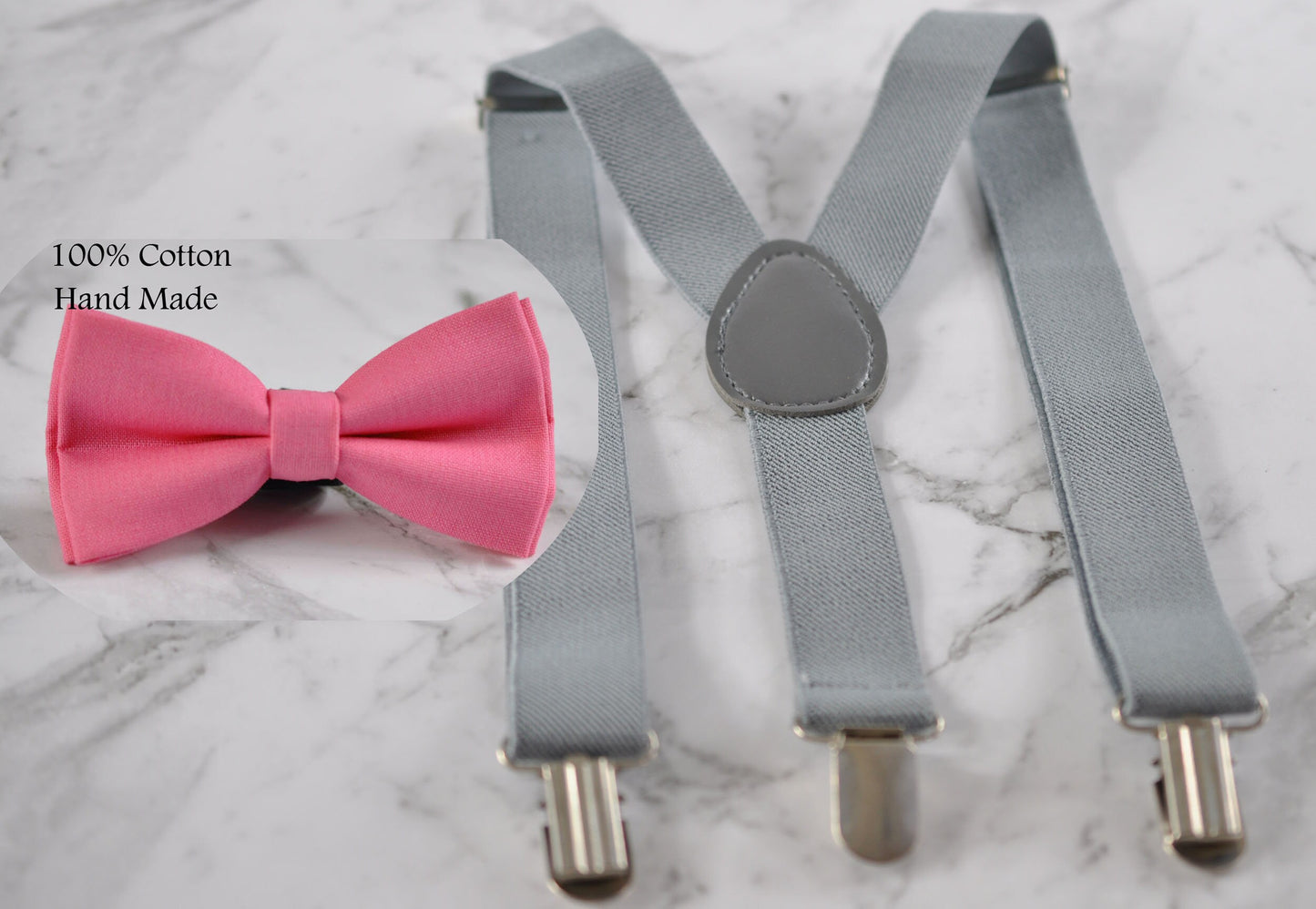 BOY KIDS Baby Infant Toddler Grey Clip-on Braces Elastic Suspenders + 100% Candy Pink Cotton Bowtie Bow Ties Cravat Fits 1-6 Years Old