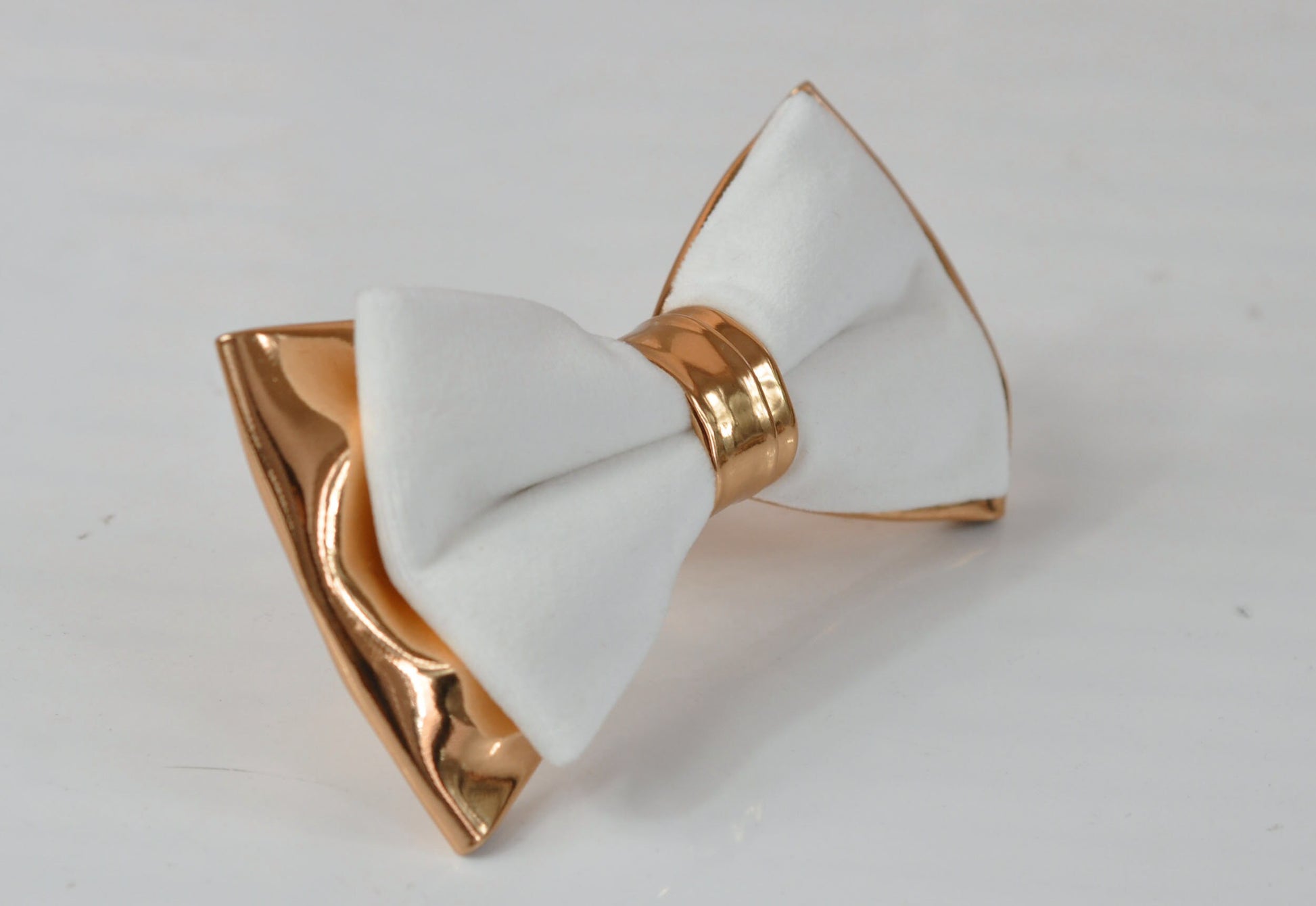 White Velvet + Rose Gold Faux Leather 2 Layers Bow tie Bowtie for Men Adult / Youth Teenage / Boy Kids / Baby Infant Toddler