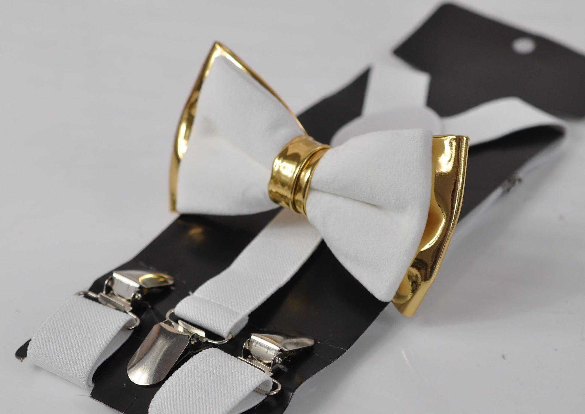 White Velvet and Gold Faux leather 2Layers Bow tie + White Elastic Suspenders Braces for Men / Youth Teenage / Boy Kids / Baby Infant