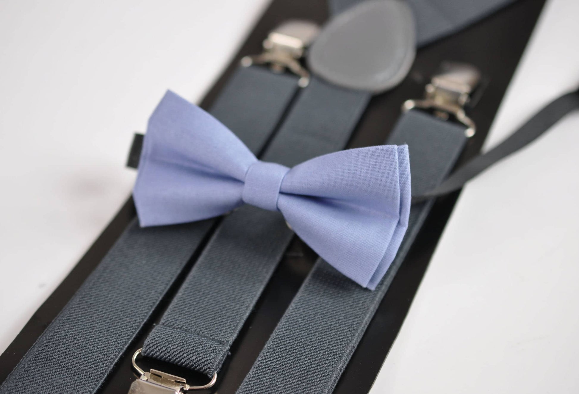 Dusty Blue Cotton Bow tie + Grey Gray Adjustable Elastic Suspenders Braces for Baby infant Toddler / Kids Page Boy Toddler / Youth Teenage