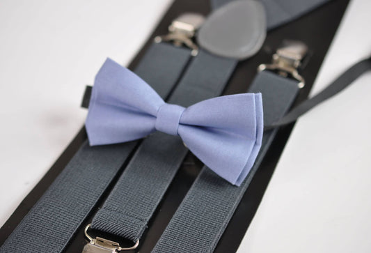 Dusty Blue Cotton Bow tie + Grey Gray Adjustable Elastic Suspenders Braces for Baby infant Toddler / Kids Page Boy Toddler / Youth Teenage