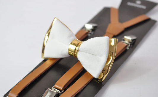 White Velvet and Gold Faux Leather Bow tie + Tan Brown Faux Leather Skinny Suspenders Braces for Youth Teenage / Boy Kids / Baby Infant