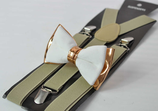 White Velvet & Rose Gold Faux Leather Bow tie + Begie Khaki Elastic suspenders braces Men Adult / Youth Teenage / Boy Kids / Baby infant