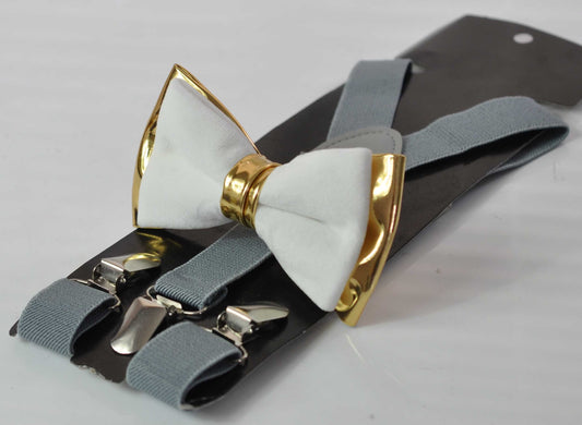 White Velvet & Gold Faux Leather Bow tie + light Grey Gray Elastic suspenders braces Men Adult / Youth Teenage / Boy Kids / Baby infant