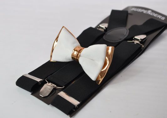 White Velvet & ROSE Gold Faux Leather Bow tie + 35mm Black Elastic Suspenders Braces for Men Adult Wedding