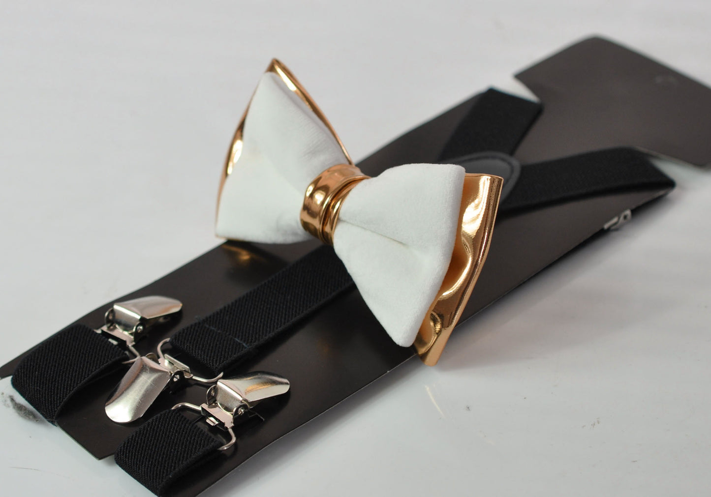 White Velvet & Rose Gold Faux Leather Bow tie + BLACK Elastic suspenders braces Men Adult / Youth Teenage / Boy Kids / Baby infant