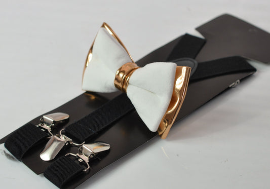 White Velvet & Rose Gold Faux Leather Bow tie + BLACK Elastic suspenders braces Men Adult / Youth Teenage / Boy Kids / Baby infant