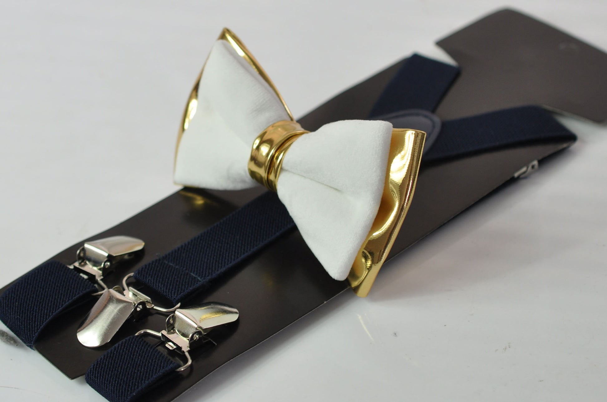 White Velvet & Gold Faux Leather Bow tie + Navy Blue Elastic suspenders braces Men Adult / Youth Teenage / Boy Kids / Baby infant Toddler