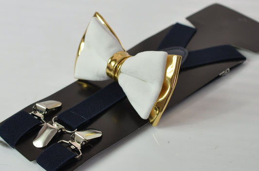 White Velvet & Gold Faux Leather Bow tie + Navy Blue Elastic suspenders braces Men Adult / Youth Teenage / Boy Kids / Baby infant Toddler