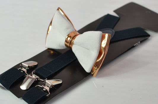 White Velvet & Rose Gold Faux Leather Bow tie + Navy Blue Elastic suspenders braces Men Adult / Youth Teenage / Boy Kids / Baby infant