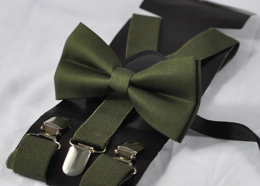 Olive Green Army Green Cotton Bow tie + Matched Elastic Braces Suspenders for Men Adult / Youth Teenage / Boy Kids / Baby Infant Toddler