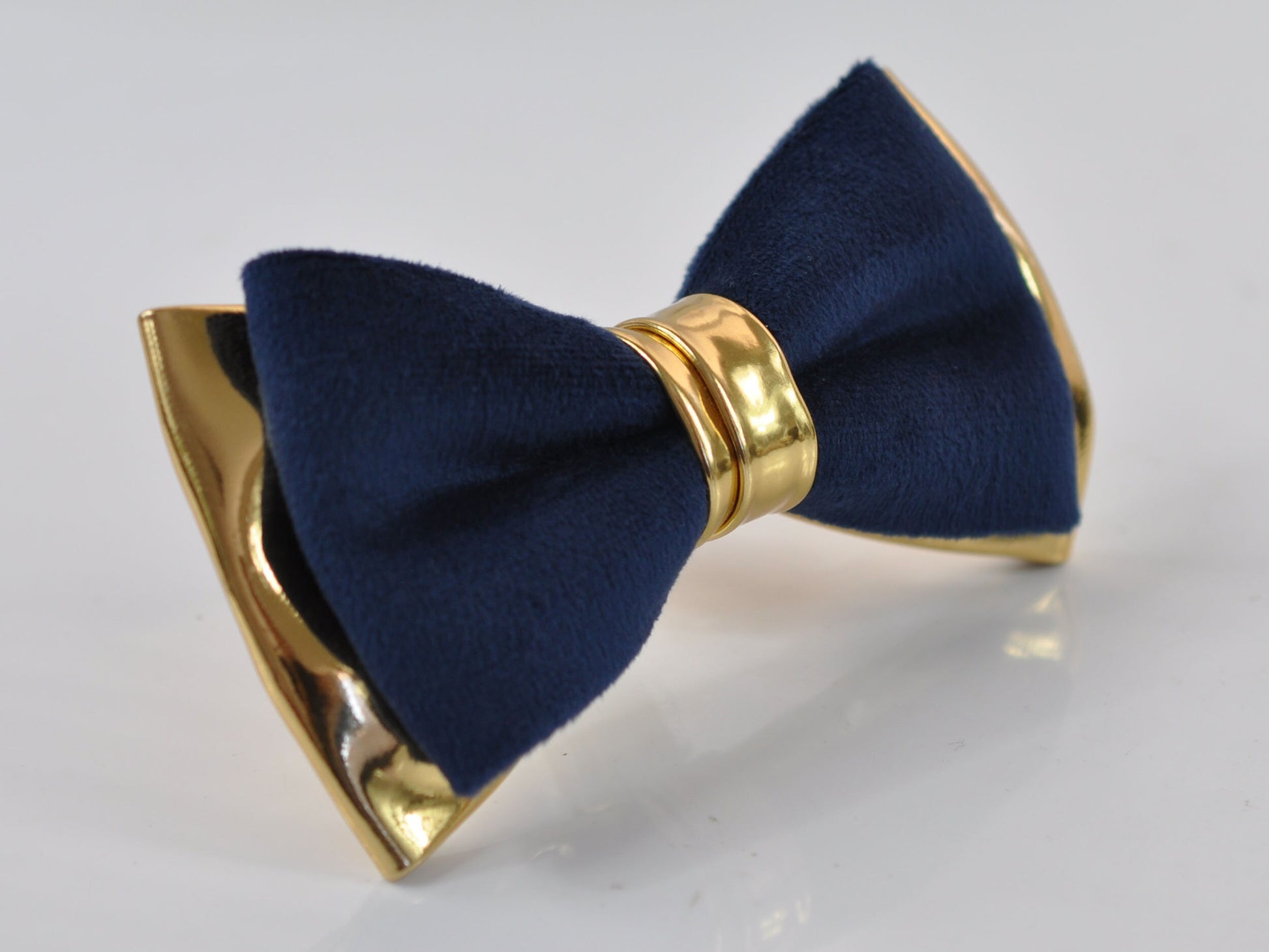 Navy Blue Velvet + Gold Golden Faux Leather 2 Layers Bow tie Bowtie for Men Adult / Youth Teenage / Boy Kids / Baby Infant Toddler