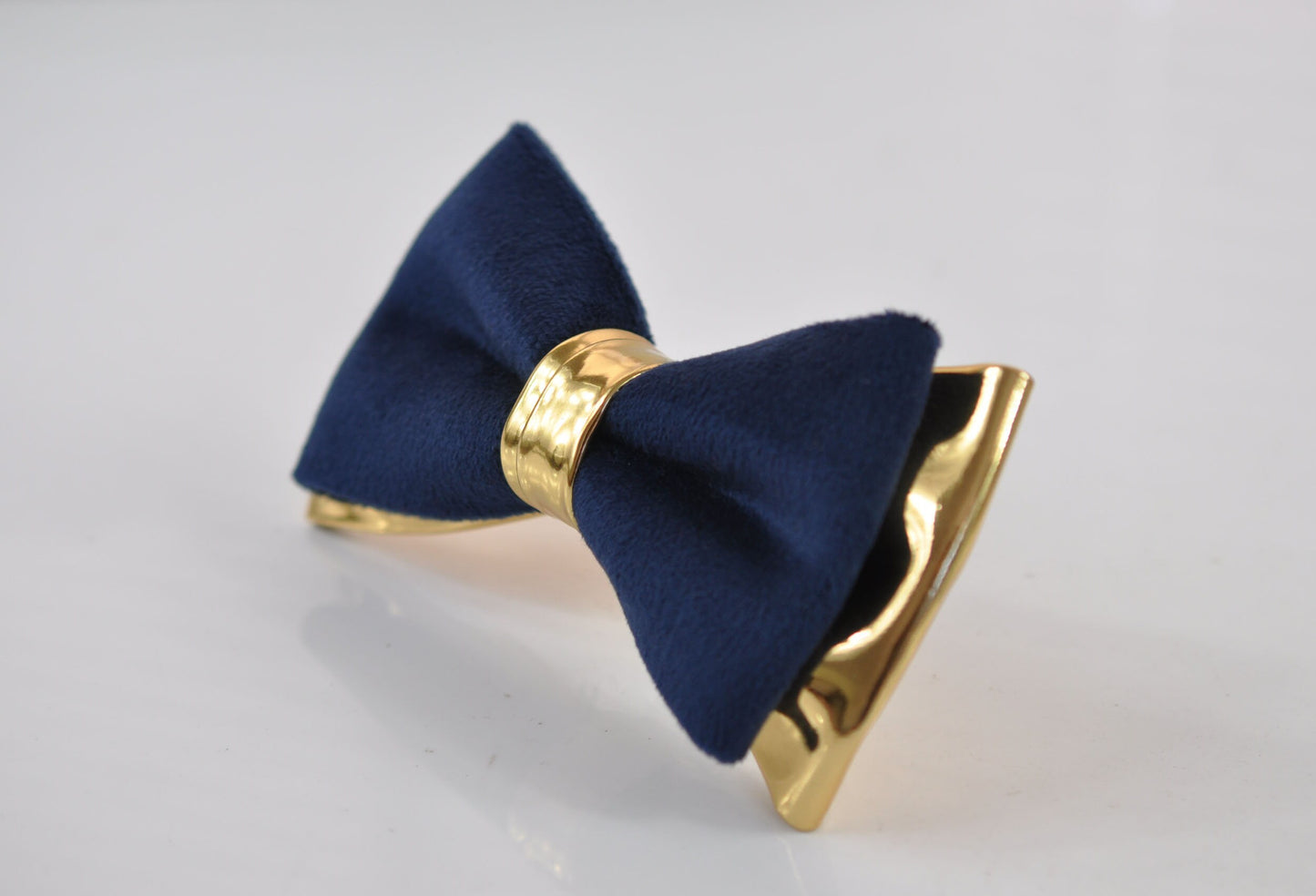 Navy Blue Velvet + Gold Golden Faux Leather 2 Layers Bow tie Bowtie for Men Adult / Youth Teenage / Boy Kids / Baby Infant Toddler