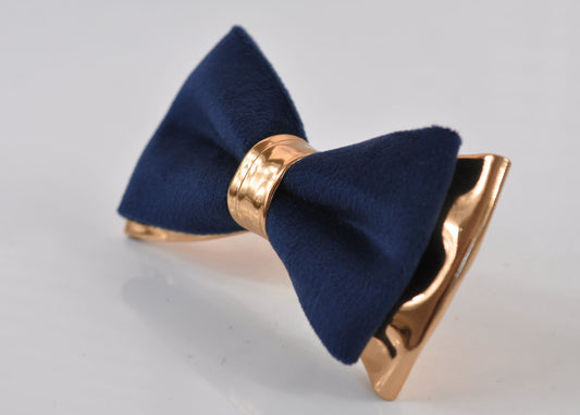 Navy Blue Velvet + Rose Gold Golden Faux Leather 2 Layers Bow tie Bowtie for Men Adult / Youth Teenage / Boy Kids / Baby Infant Toddler