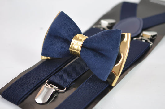 Navy Blue vevlet and Gold Faux Leather Bow tie + Navy Elastic Suspenders Baraces for Men Adult / Youth Teenage / Boy Kids / Baby Infant