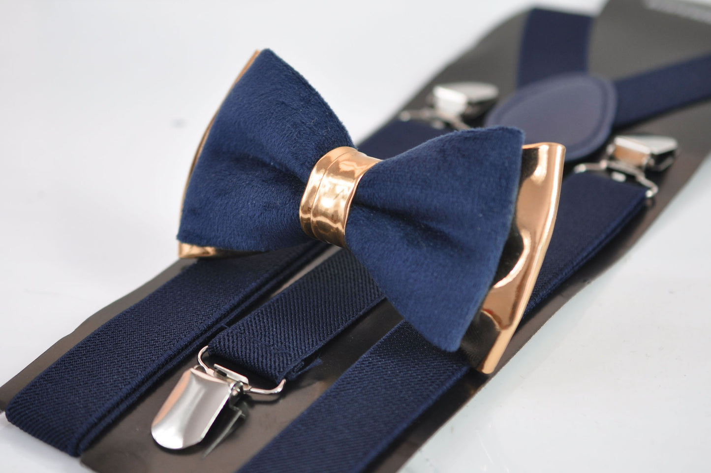 Navy Blue vevlet and Rose Gold Faux Leather Bow tie + Navy Elastic Suspenders Baraces for Men Adult / Youth Teenage / Boy Kids / Baby Infant