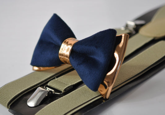 Navy Blue Velvet Rose Gold Faux Leather Bow tie + Brown Beige Elastic Suspenders Braces Men / Youth Teenage / Boy Kids / Baby Infant Toddler