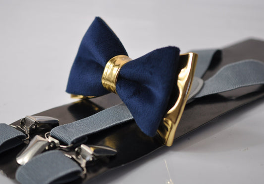 Navy Blue Velvet Gold Faux Leather Bow tie + Light Grey Elastic Suspenders Braces for Men / Youth Teenage / Boy Kids / Baby Infant Toddler