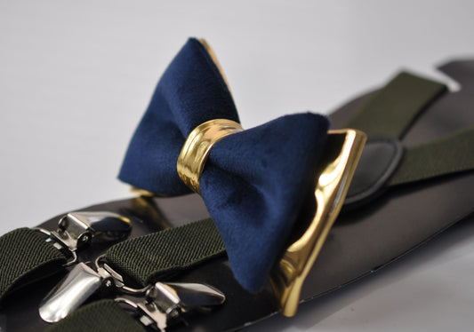 Navy Blue Velvet Gold Faux Leather Bow tie + Army Green Elastic Suspenders Braces for Men / Youth Teenage / Boy Kids / Baby Infant Toddler