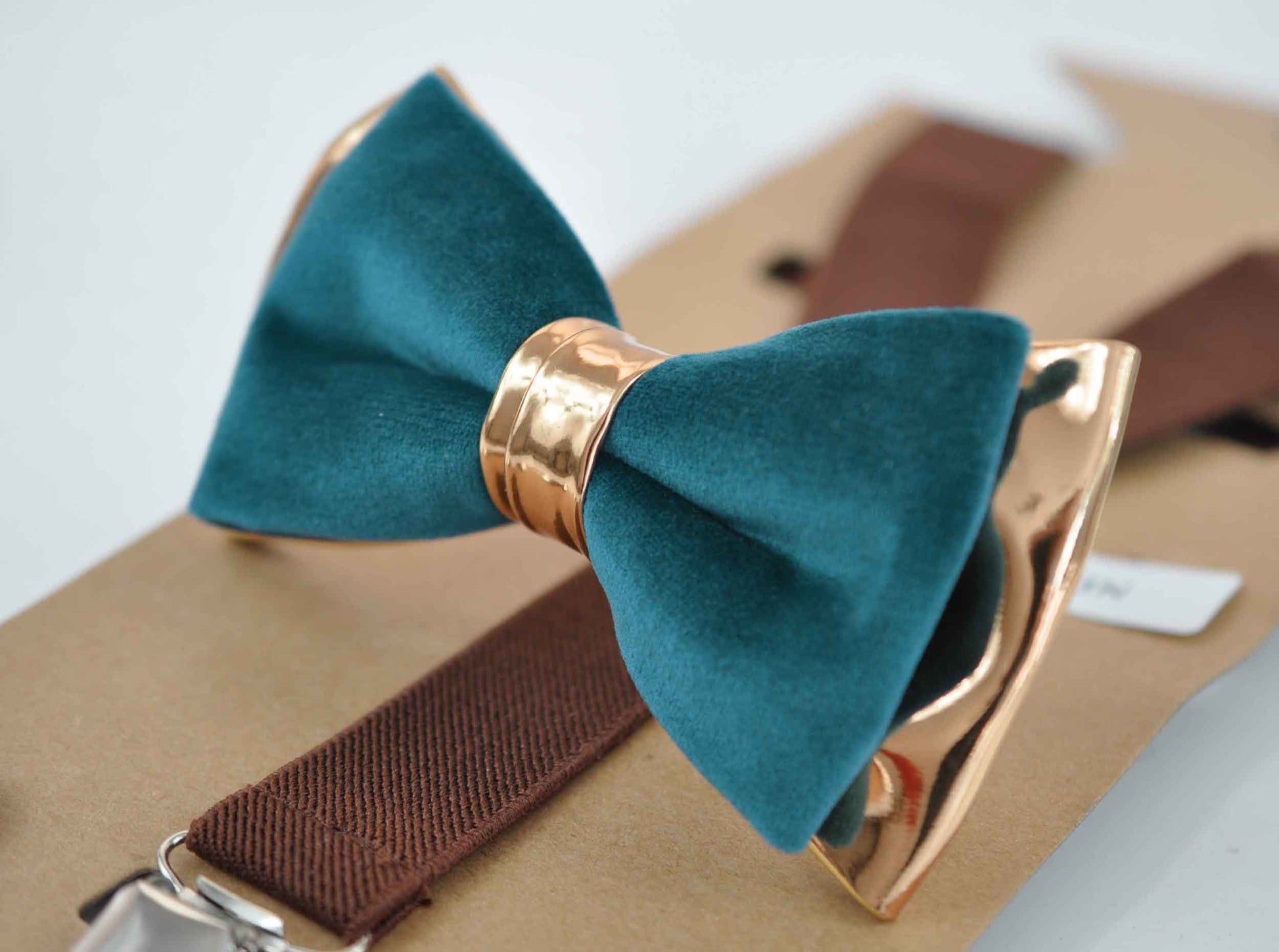 Dark Turquoise Teal Blue Velvet Rose Gold Faux Leather Bow tie + Brown Elastic Suspenders Braces For Men / Youth Teenage / Boy Kids / Baby