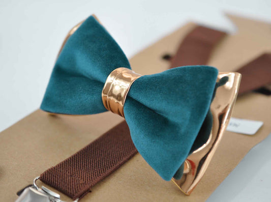 Dark Turquoise Teal Blue Velvet Rose Gold Faux Leather Bow tie + Brown Elastic Suspenders Braces For Men / Youth Teenage / Boy Kids / Baby