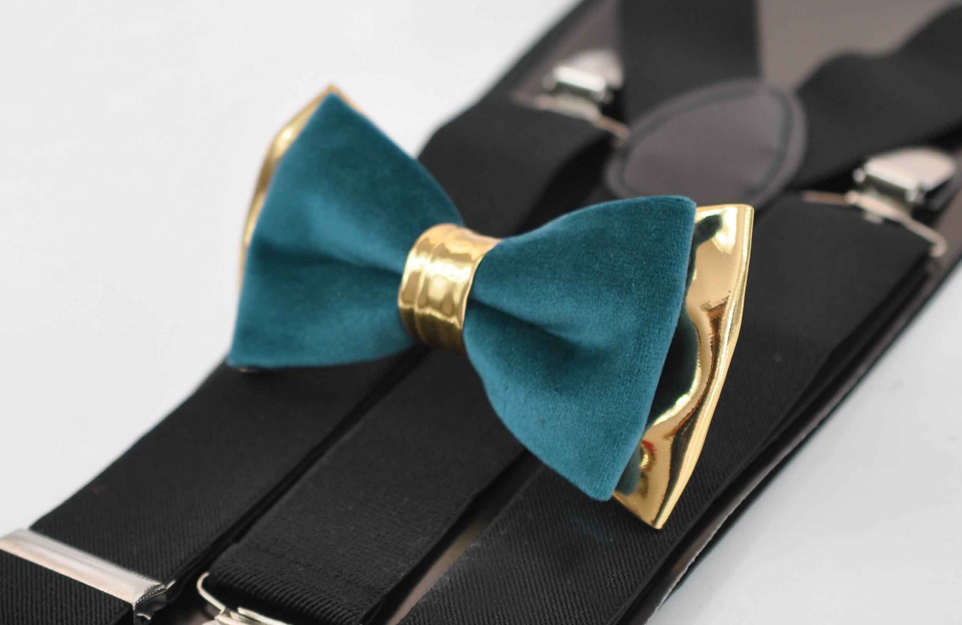 MEN ADULT Dark Turquoise Teal Blue Velvet Gold Faux Leather Bow tie + Brown Elastic Suspenders Braces Wedding Set