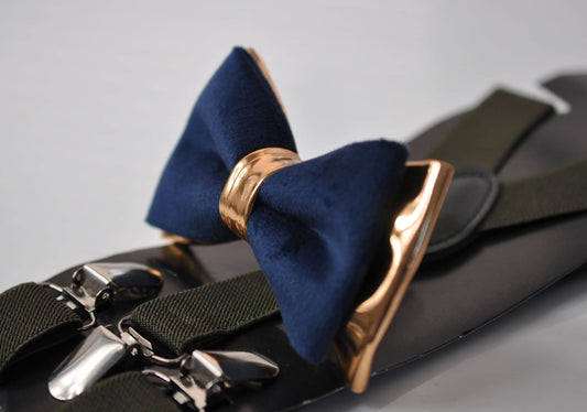 Navy Blue Velvet Rose Gold Faux Leather Bow tie + Army Green Elastic Suspenders Braces Men / Youth Teenage / Boy Kids / Baby Infant Toddler
