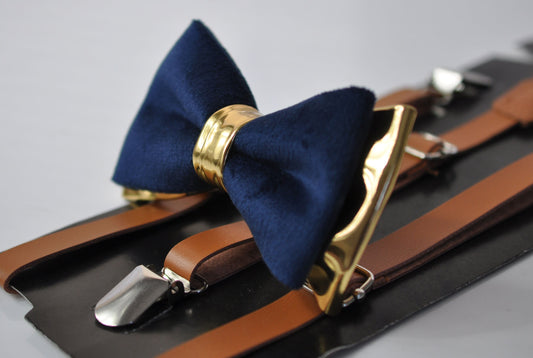 Navy Blue Velvet and Gold Faux Leather Bow tie + Light Brown Tan Faux Leather Suspenders for Youth Teenage / Toddler Boy Kids / Baby Infant