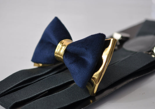 Navy Blue Velvet Gold Faux Leather Bow tie + Dark Grey Gray Elastic Suspenders Braces Men / Youth Teenage / Boy Kids / Baby Infant Toddler