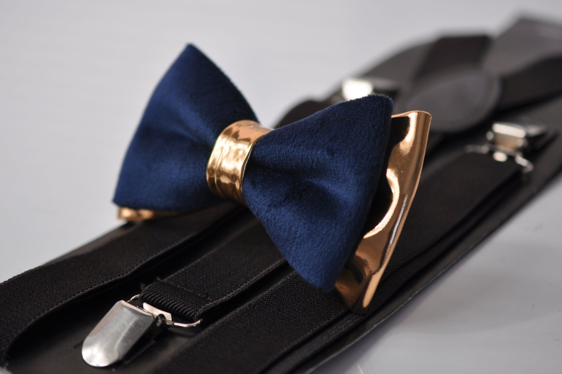 Navy Blue Velvet Rose Gold Faux Leather Bow tie + Coffee Brown Elastic Suspenders Braces Men / Teenage / Boy Kids / Baby Infant Toddler