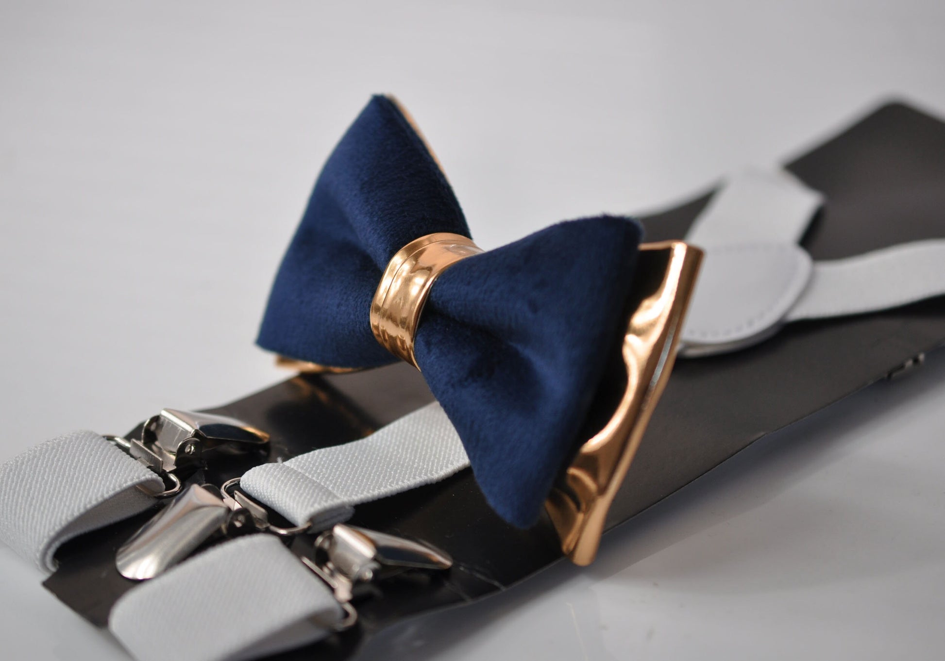 Navy Blue Velvet Rose Gold Faux Leather Bow tie + White Elastic Suspenders Braces for baby infant / Toddler Boy Kids / Youth Teenage / Adult