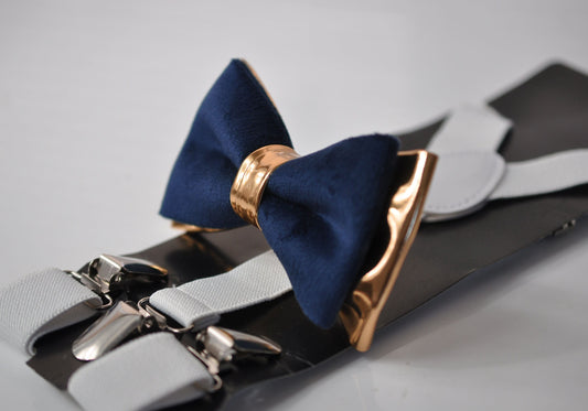 Navy Blue Velvet Rose Gold Faux Leather Bow tie + White Elastic Suspenders Braces for baby infant / Toddler Boy Kids / Youth Teenage / Adult