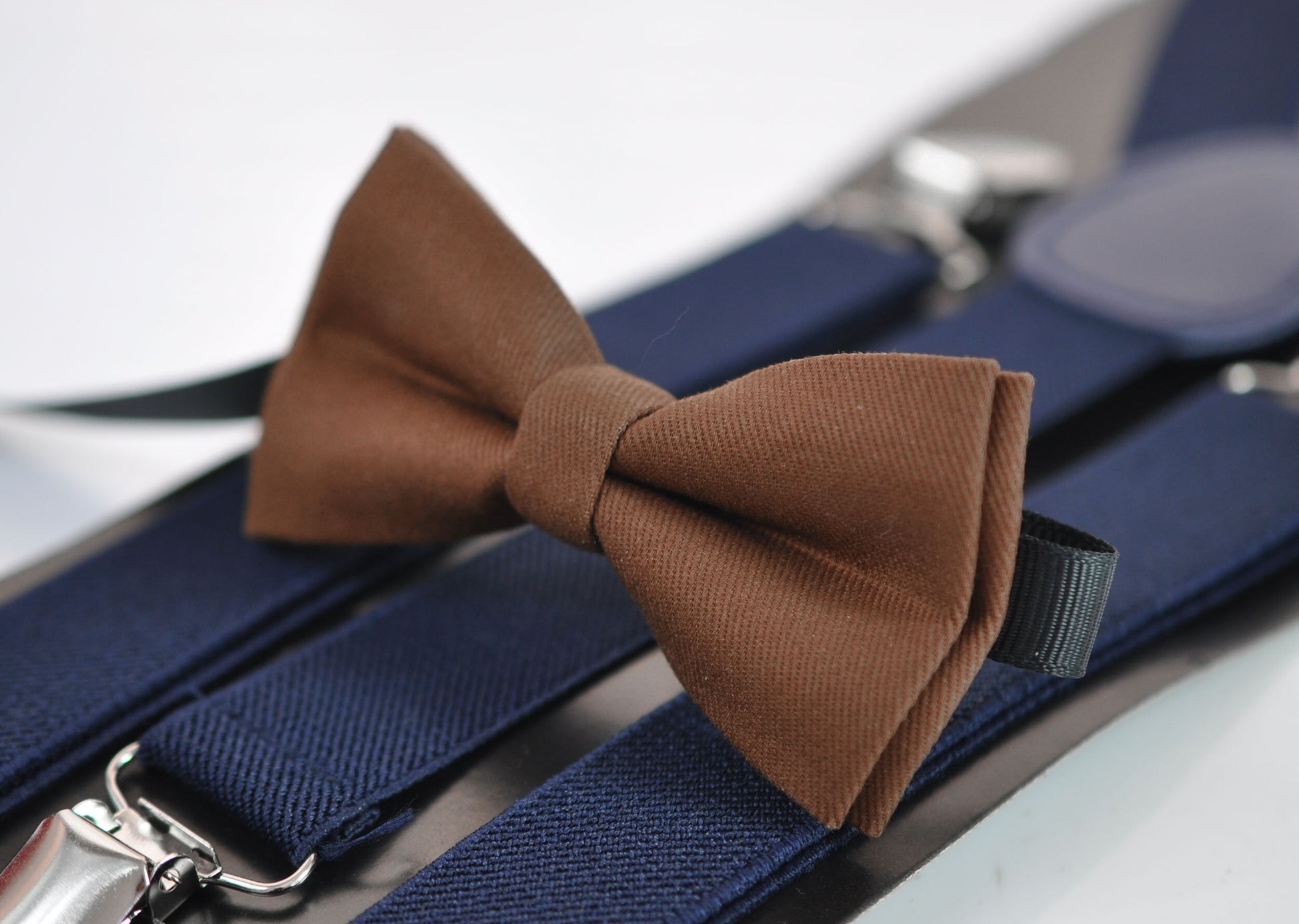 Toffee Brown Cotton Bow tie + Navy Blue Elastic Suspenders Braces for Baby infant Toddler/ Kids Boy / Youth Teenage / Men Adult