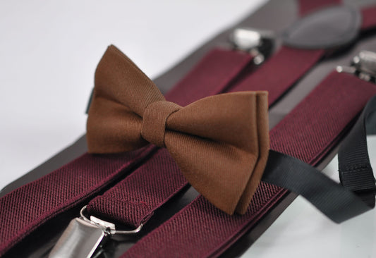 Toffee Brown Cotton Bow tie + Wine Burgundy Red Elastic Suspenders Braces for Baby infant Toddler/ Kids Boy / Youth Teenage / Men Adult