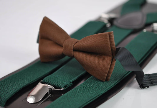 Toffee Brown Cotton Bow tie + Emerald Green Elastic Suspenders Braces for Men Adult / Youth Teenage / Boy Kids / Baby Infant Toddler