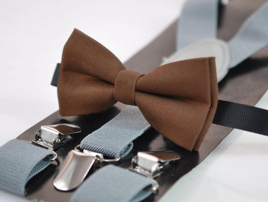 Toffee Brown Cotton Bow tie + Light Grey Gray Elastic Suspenders Braces for Baby infant Toddler/ Kids Boy / Youth Teenage / Men Adult